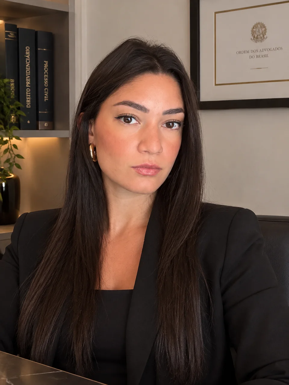 Carolina Oliveira, advogada, com blazer preto